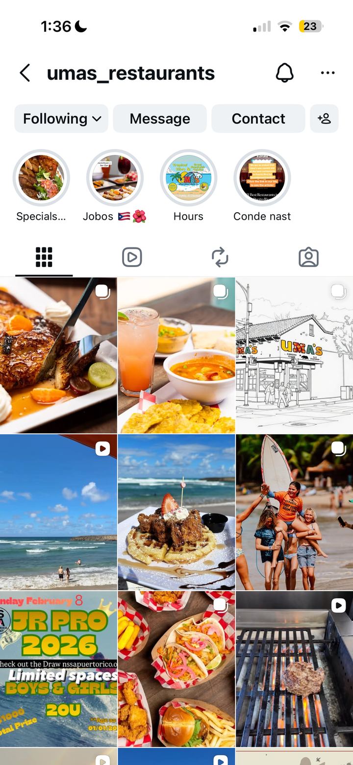 The same restaurant Instagram feed after the rebrand: curated food, illustration and beach photography